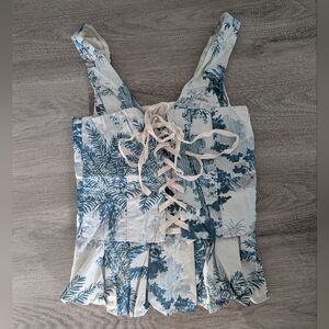 Leifsdottir Lace-Up Corset Top – Blue Toile Print – Size 0 🌿✨